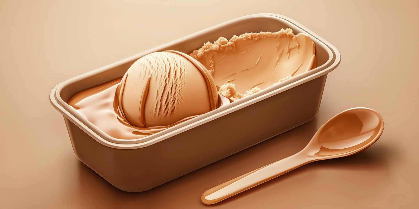 Creamy caramel ice cream served in a tub with a spoon on a neutral background creating a warm dessert experience